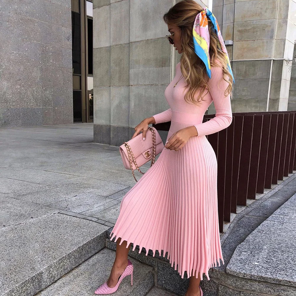 Brownm Brownm Autumn And Winter Hot New Fashion Women's Clothing Long Sweater Knitted Pure Color Bajamas Dress
