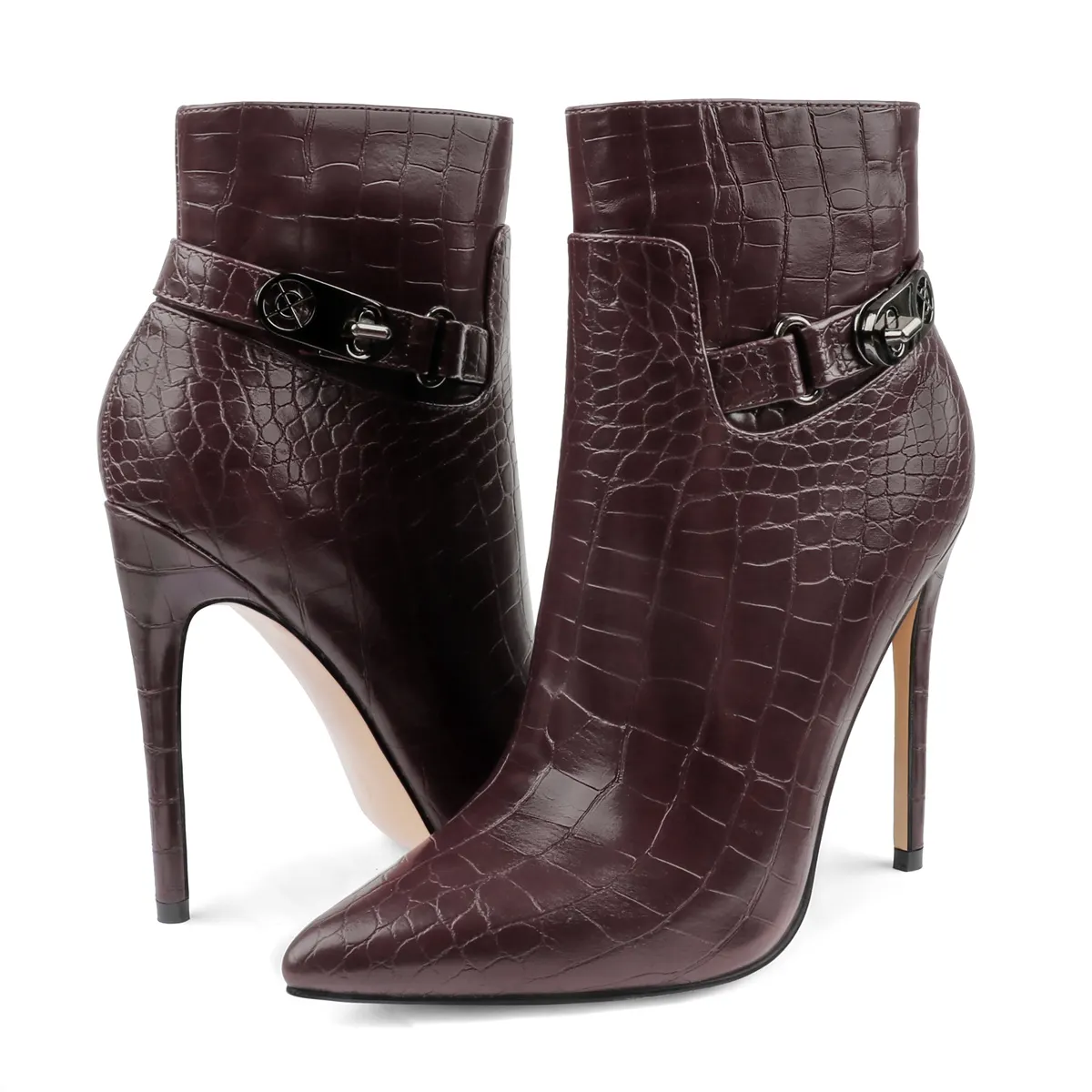 12cm/4.72 inch Pointed Toe Stiletto Crocodile Ankle Booties With Metal Buckle