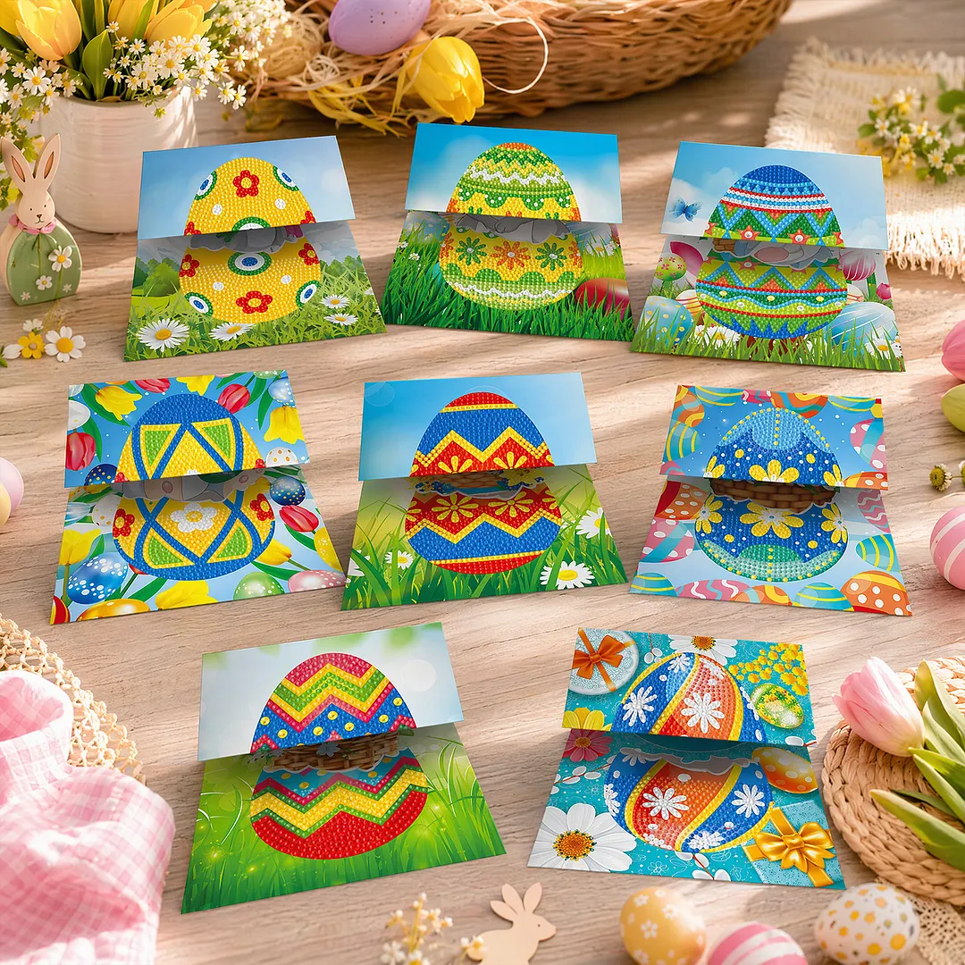 8PCS Easter Egg DIY Diamond Painting Greeting Card Kits with Envelopes Diamond Art Greeting Cards Diamond Art Cards Kits for Adults DIY Crafts Family Friend Gifts