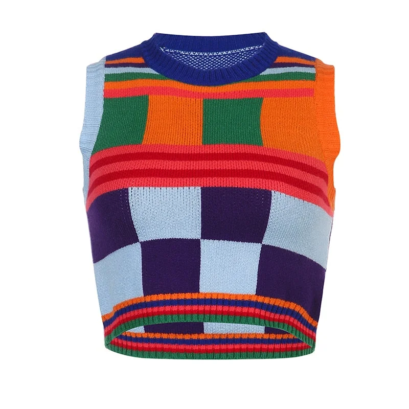 BIIKPIIK Knitted Vests Fashion Women's Crop Tops Color-blocking Print Vintage High Streetwear Sleeveless Tank Tees Casual Summer
