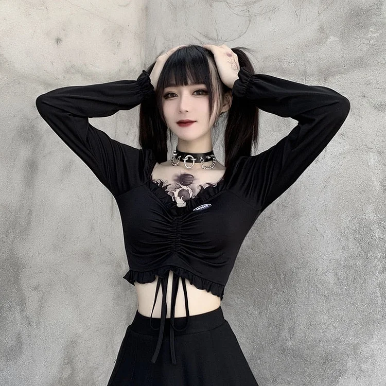 Goth Bodycon Shirring Crop Top - Gotamochi Kawaii Shop, Kawaii Clothes