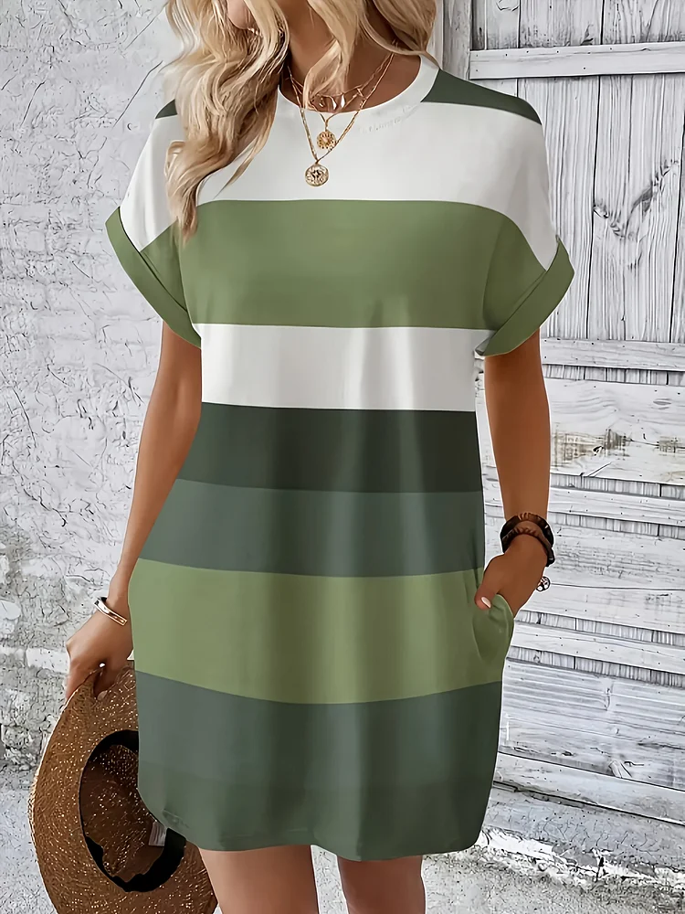 Stretchy Plus Size Women's Color Block Striped Dress | Batwing Sleeves, Pockets, Knee-Length Loose Fit - Polyester-Spandex Blend For Spring/Summer