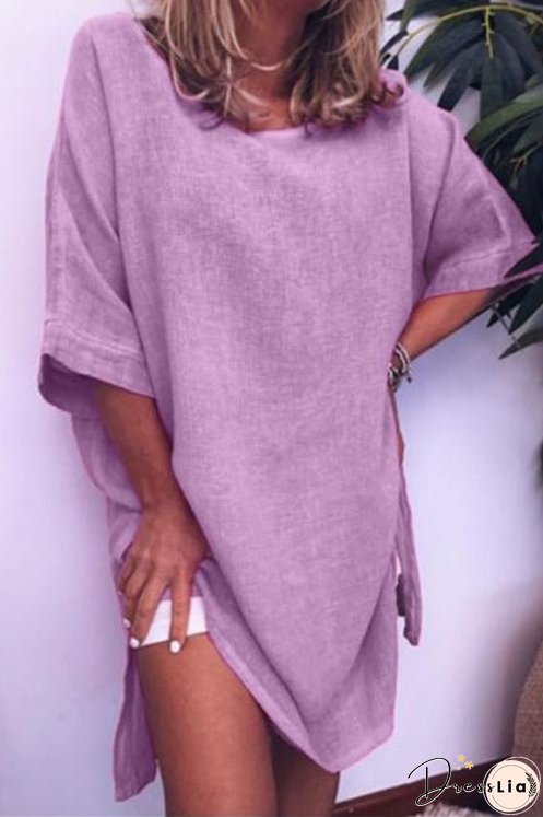 Meridress Half Sleeve Side Split Cotton Linen Dress