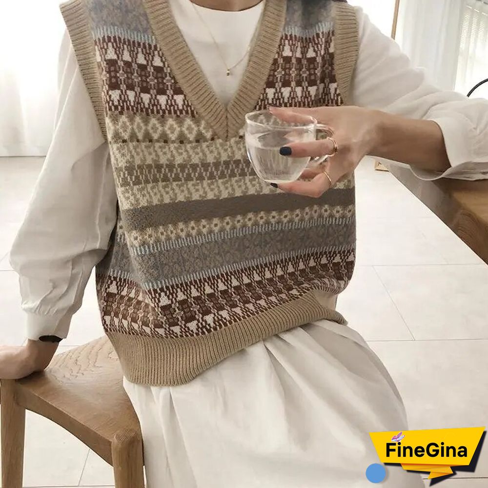 Vintage Harajuku V-Neck Women Sweater Vests Fall Fashion Loose Sleeveless Y2k Waistcoat Casual Korean Chic Sweater Tanks