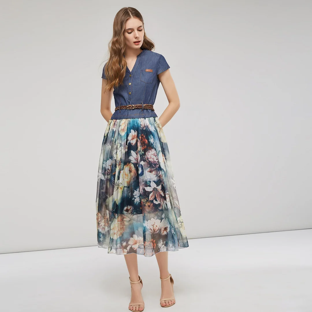 Brownm Brownm Summer New Women's Temperament Fashion Denim Dress Sleeveless Splicing Print Mid-Long Dress