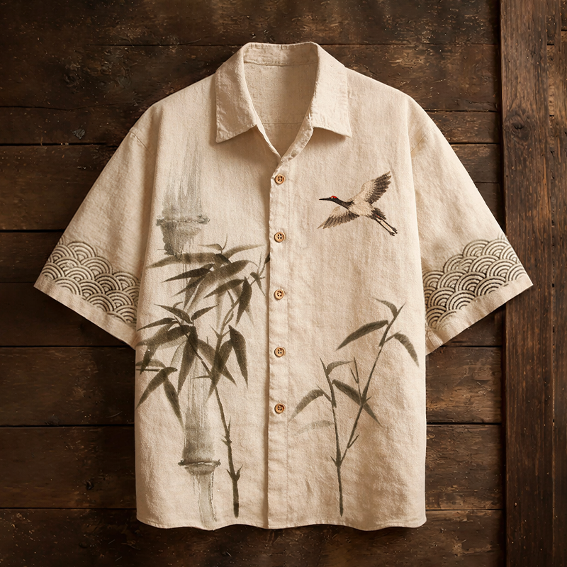 Men's Japanese-style Bamboo Pattern Linen Short-sleeved Shirt  artssus