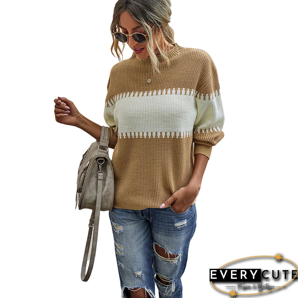 Khaki Color Block High Neck Woolen Sweater