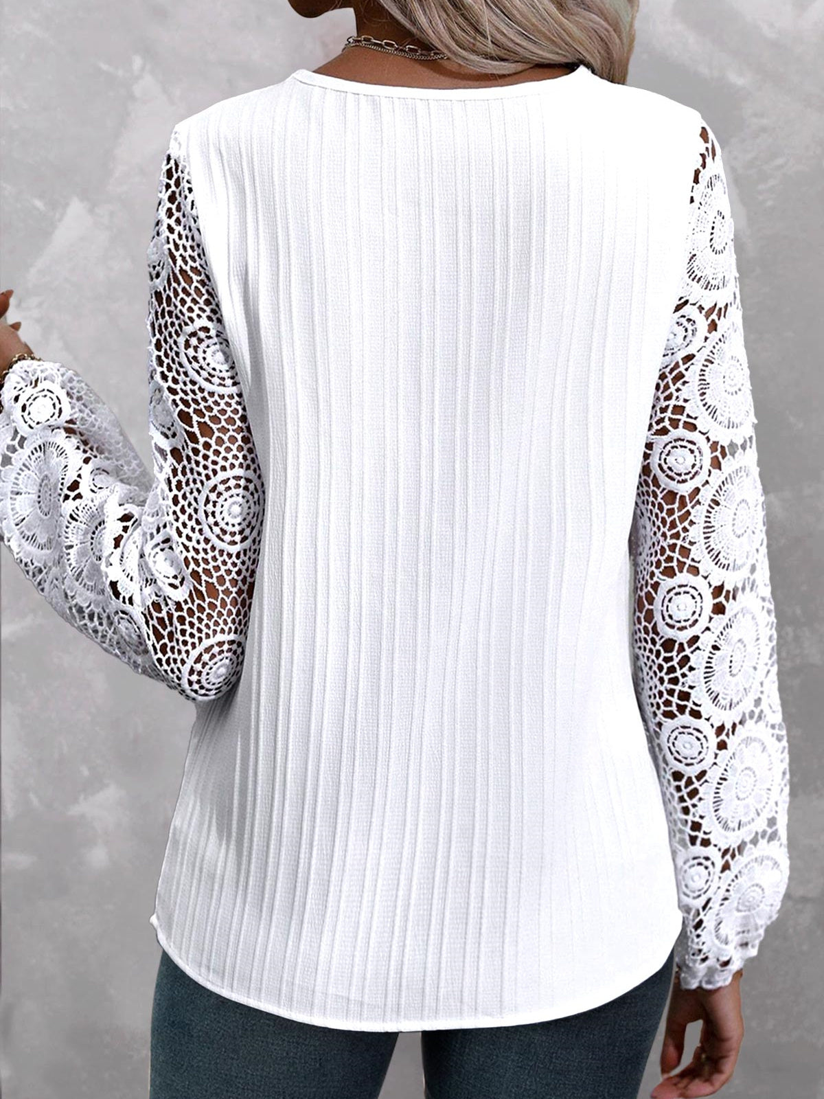 Women Long Sleeve V-neck Solid Lace Tops
