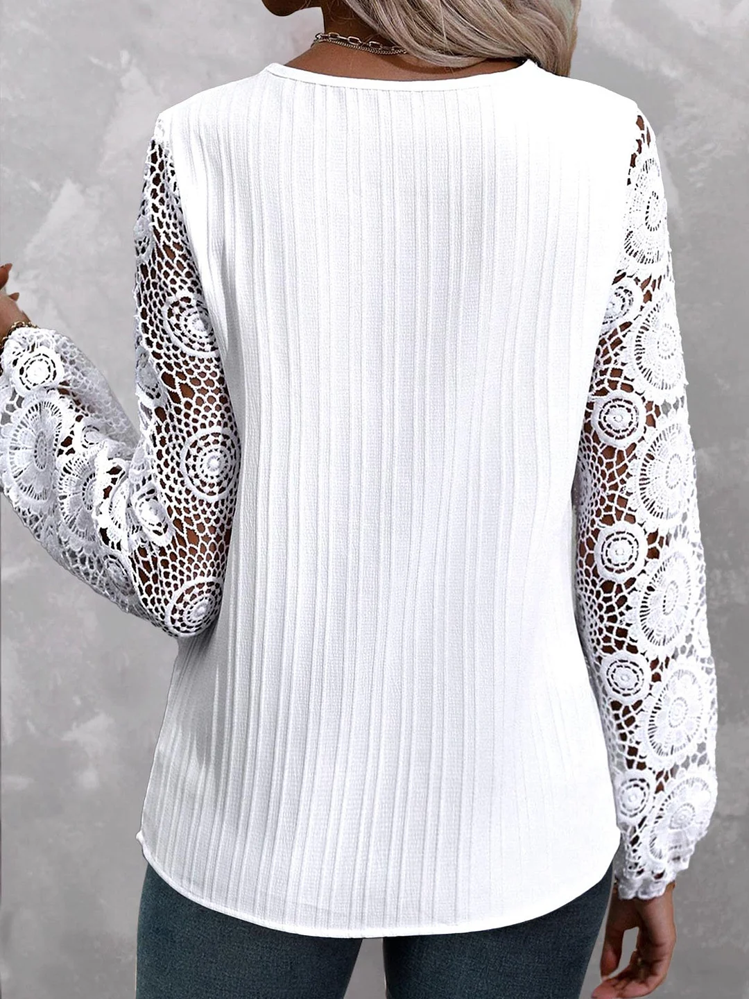 Women Long Sleeve V-neck Solid Lace Tops