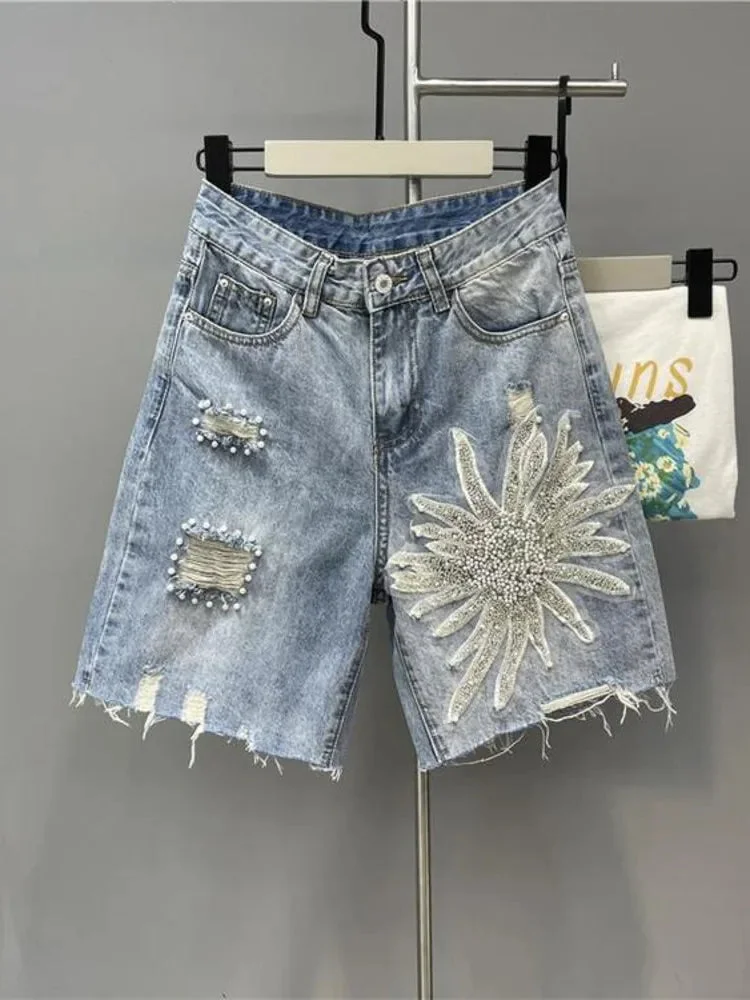 Huiketi Summer Denim Shorts Women Tassel Sequin Beading Fashion Ripped Jeans Shorts High Waist Knee Length Pants Female