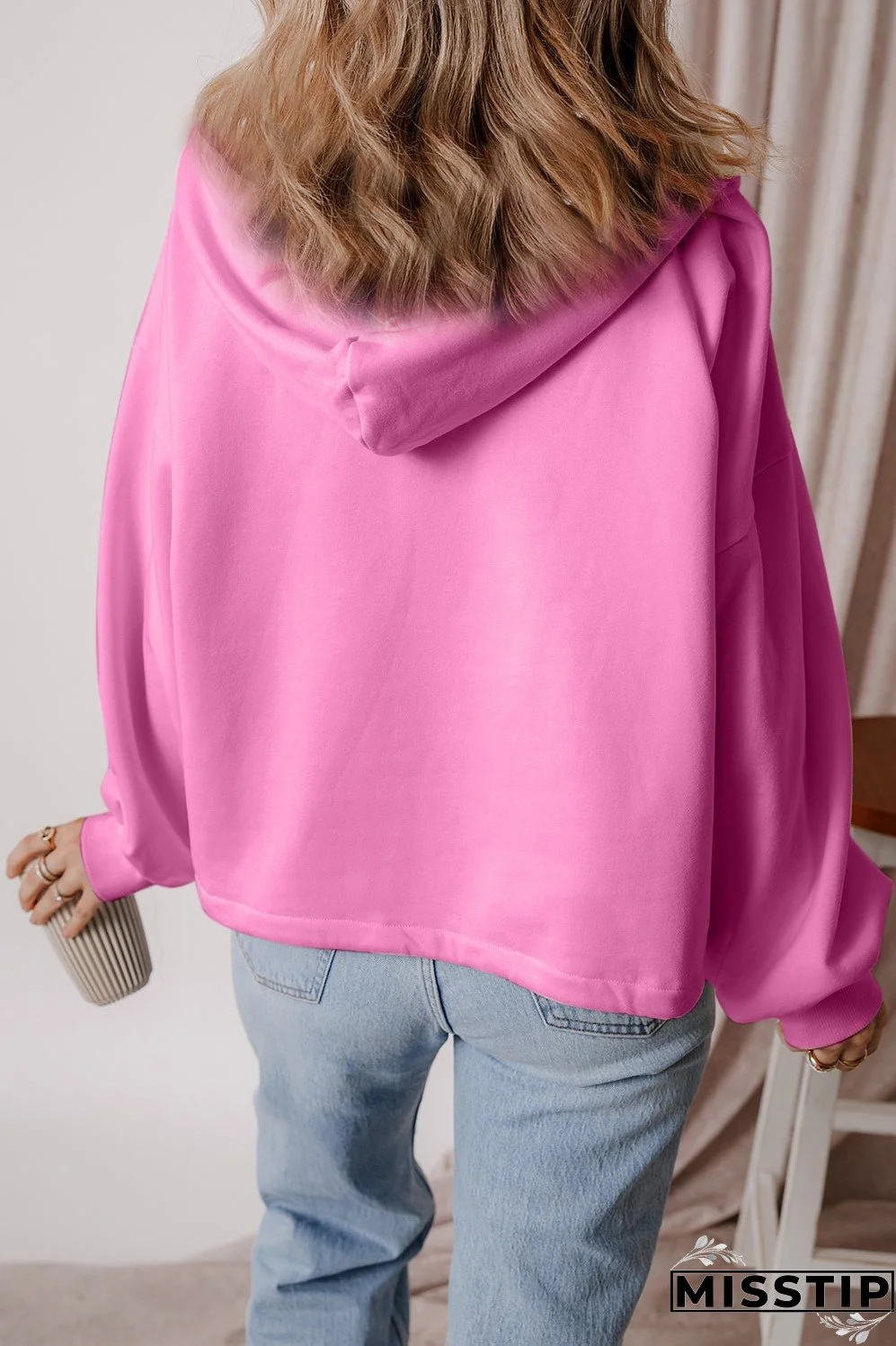 Pocketed Half Zip Dropped Shoulder Hoodie