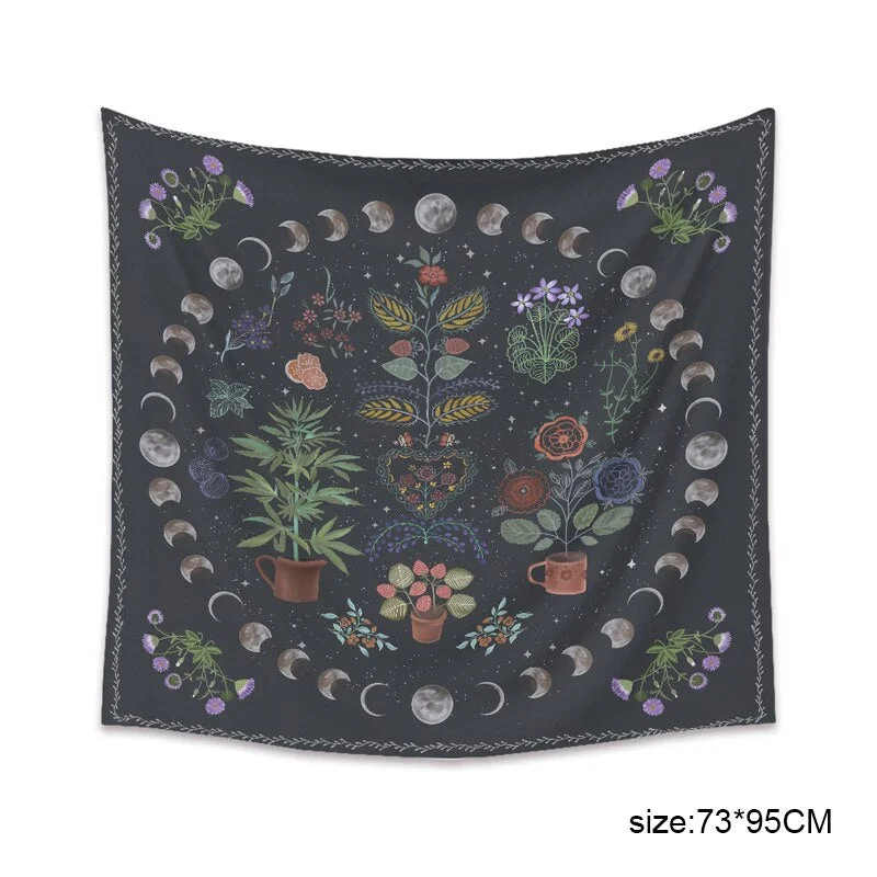 Moon Phase Tapestry Wall Hanging Botanical Celestial Floral Wall Hippie Home Dorm Decor Sky Carpet Black Sun Witchcraft Tapestry