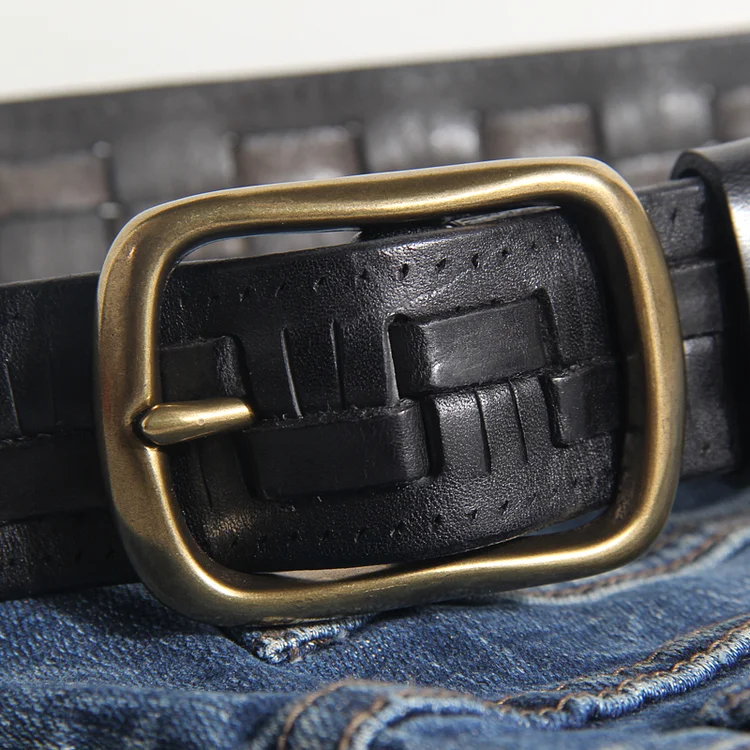 Vintage Copper Buckle Weave Soft Leather Men's Belt