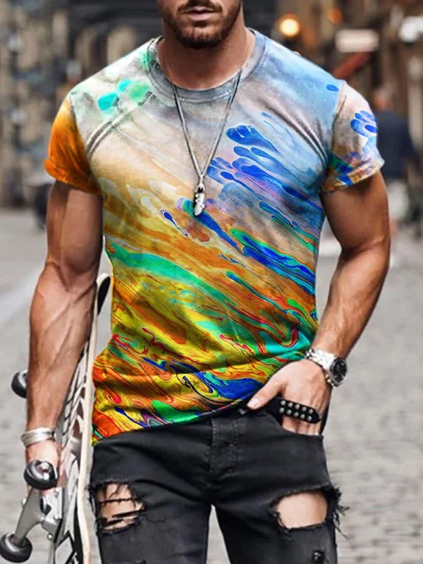 Flowing Paint Printed Round Neck Loose T-shirt