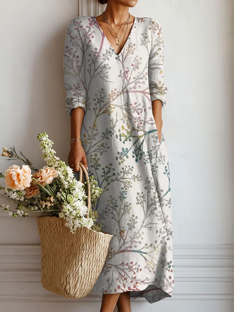 Women's Vintage Pattern Art Print Linen Pocket Dress