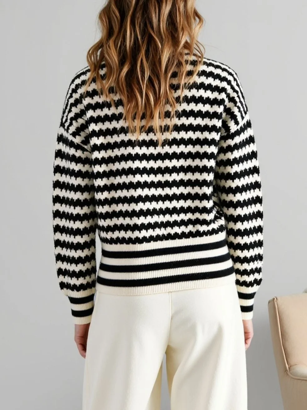 Nigikala Nigikala East Autumn And Winter V-Neck Knitted Shirt Buckle Cardigan New Striped Hit-Colored Sweater Woman