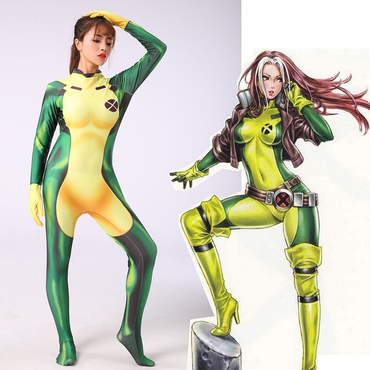 Mayoulove X-Men Rogue Anna Marie Cosplay Costume Kids Adults Bodysuit Halloween Fancy Jumpsuits-Mayoulove