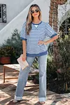 Women's Casual Sky Blue Stripe Short Bubble Sleeve T Shirt
