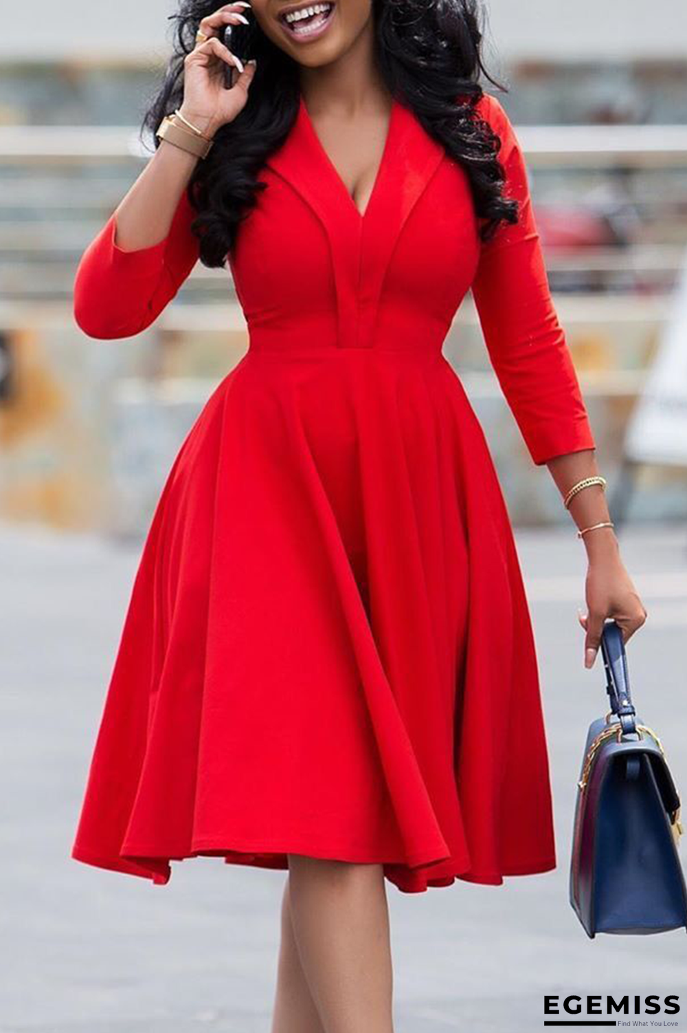 Red Casual Solid Patchwork V Neck Cake Skirt Dresses | EGEMISS