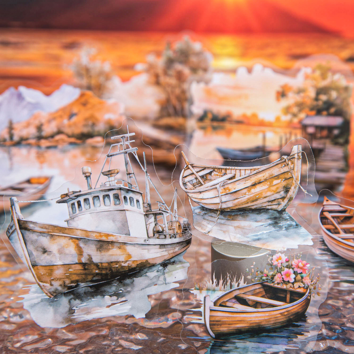 PET 스티커 - 호수에서의 보트 타기 시리즈 빈티지 보트 조경