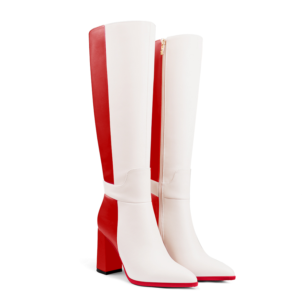 95mm/3.75 inch women's knee-high red bottom high heel boots two-color splicingmatte zipper high heels-vocosishoes