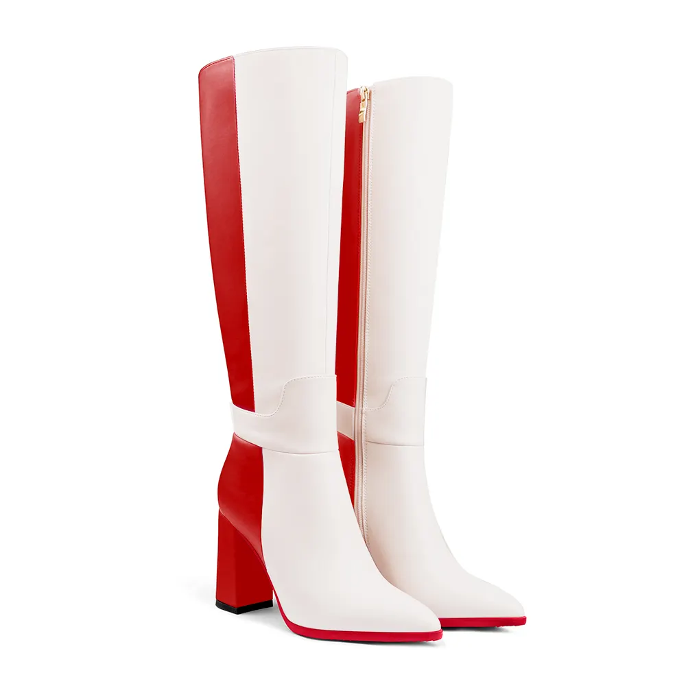 95mm/3.75 inch women's knee-high red bottom high heel boots two-color splicingmatte zipper high heels-vocosishoes