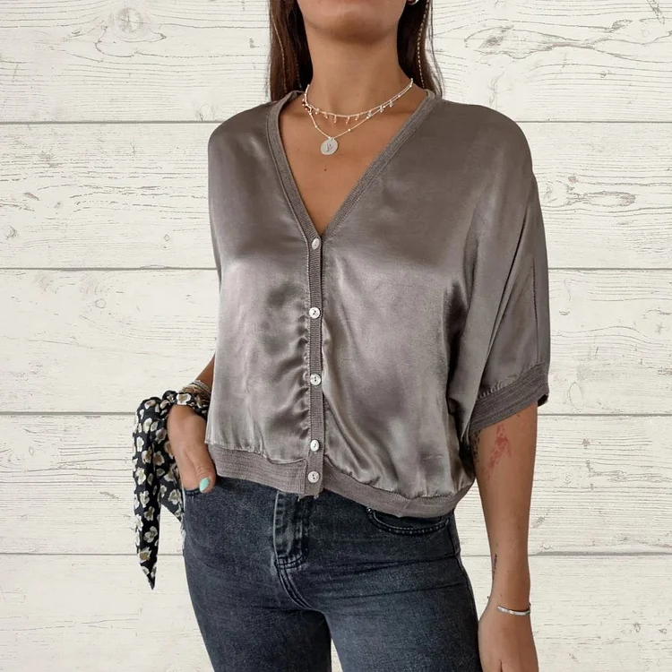 Satin V-neck Single-breasted Top