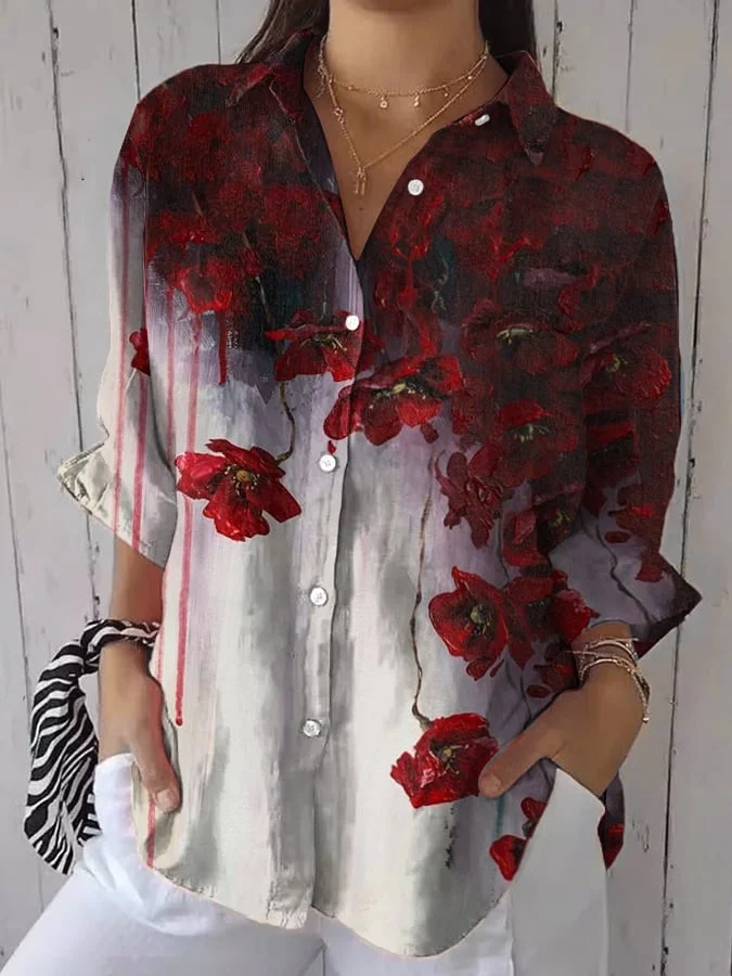 Women's Bloodstained Flowers Print Lapel Shirt