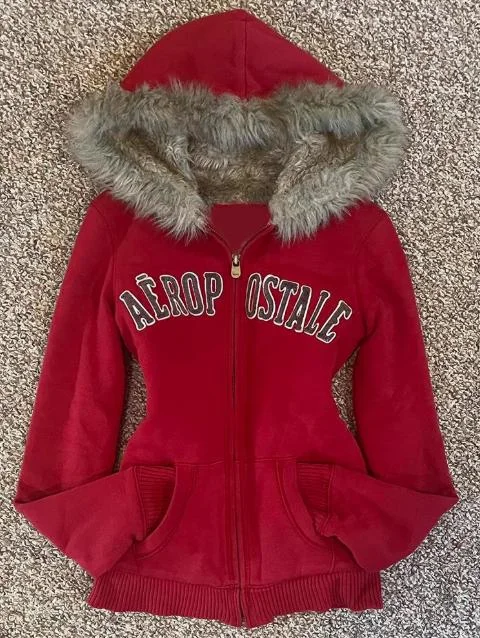 Abebey-Abebey-2024 Winter Slim Fit Letter Printed Warm Hoodies Women Slim and Versatile Oversizeds Fur Collar Sweatshirts Thickening Cardigan Y2K OUTFITS