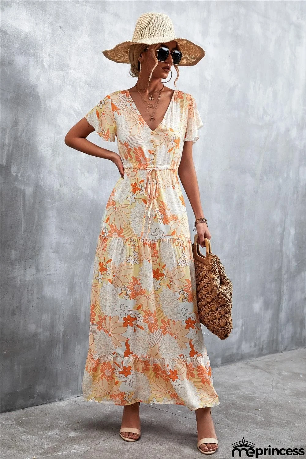 Floral Buttoned Drawstring Waist Tiered Dress