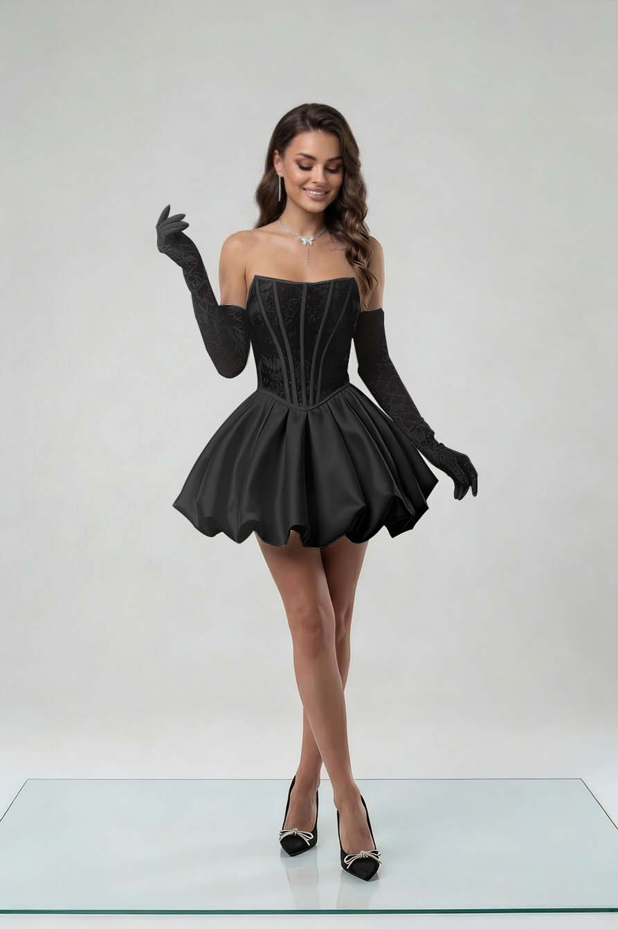 LussooyElegant Black Lace Strapless Long Sleeves Homecoming Dress With Corset 