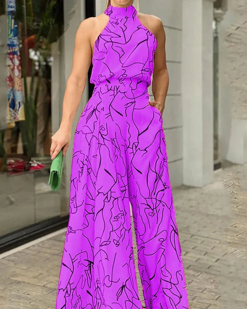 Sleeveless halterneck printed jumpsuit