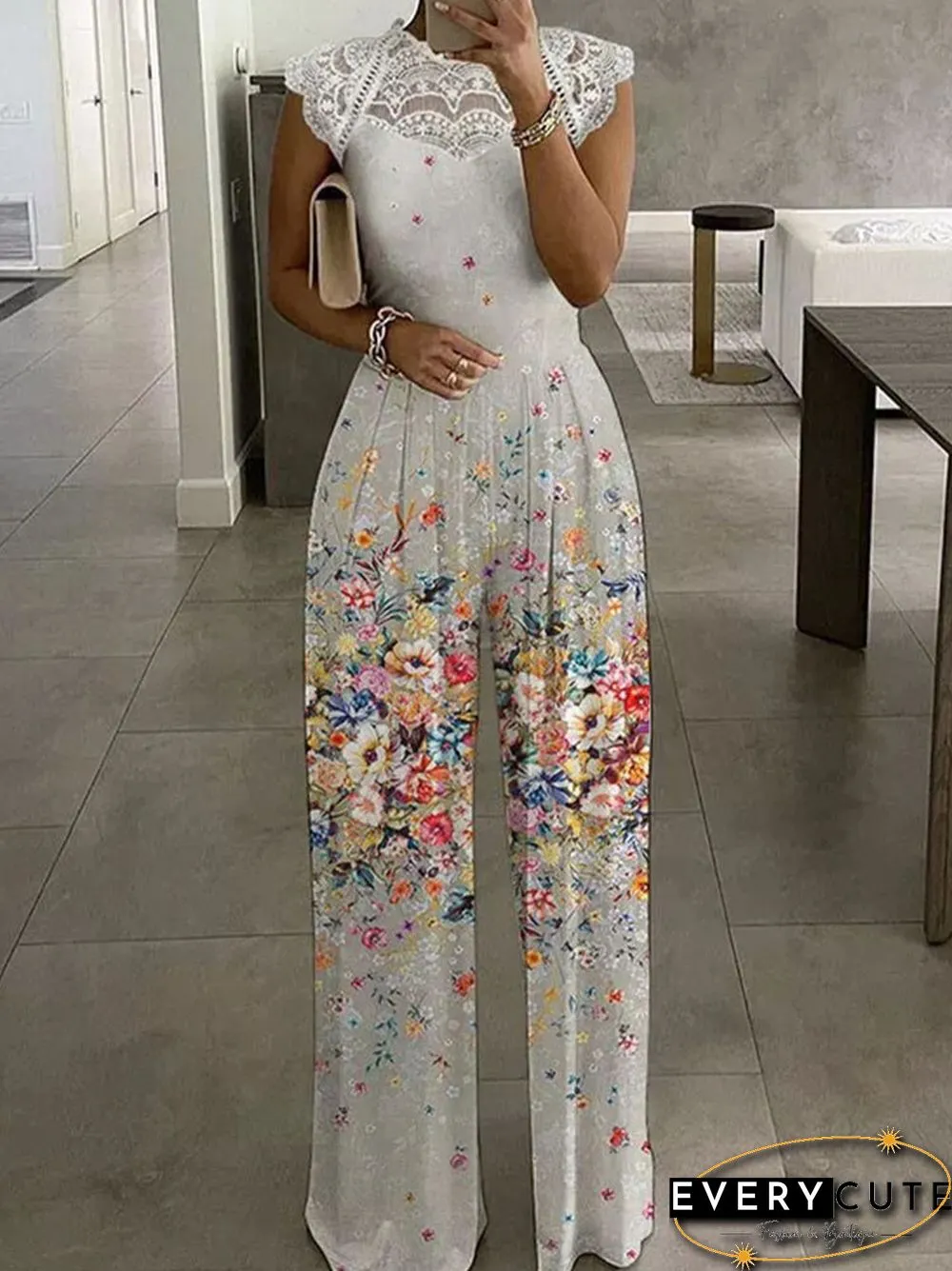 Womens Summer Fashion-Neck Flower Print Jumpsuit-Elegant Short Sleeve Lace Patchwork