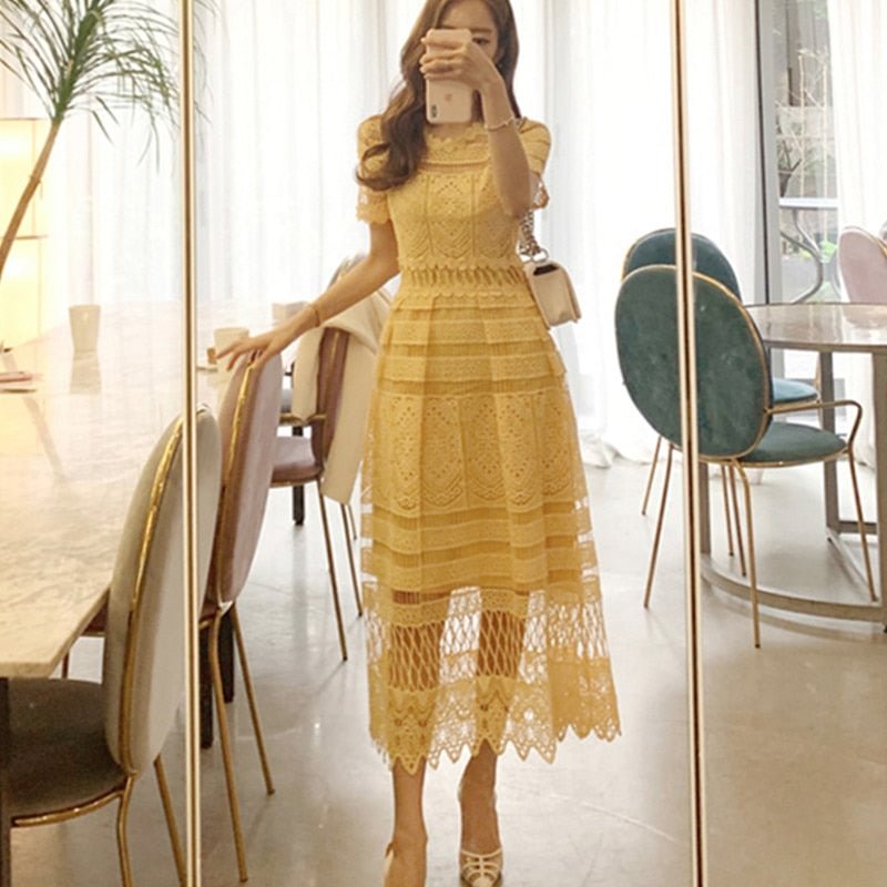 New Fashion Summer Hollow Out Lace Dress Women Short sleeve Holidays Big Swing Long Dresses Casual Sweet yellow Dress Vestidos
