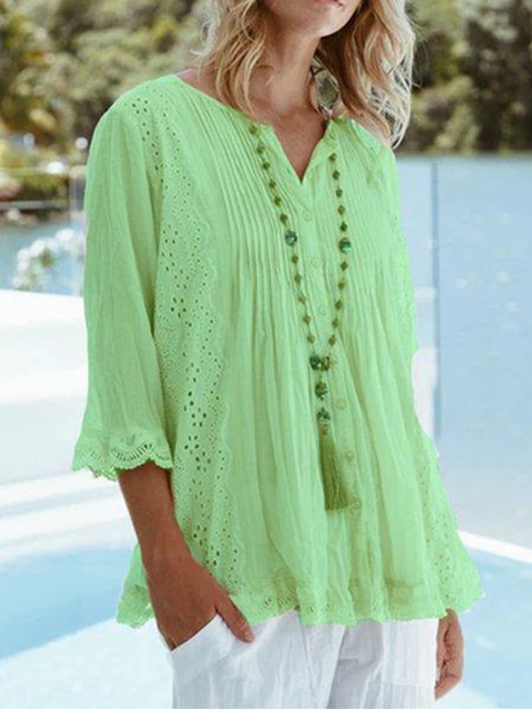 Solid Color Round Neck Lace Shirt P181625401