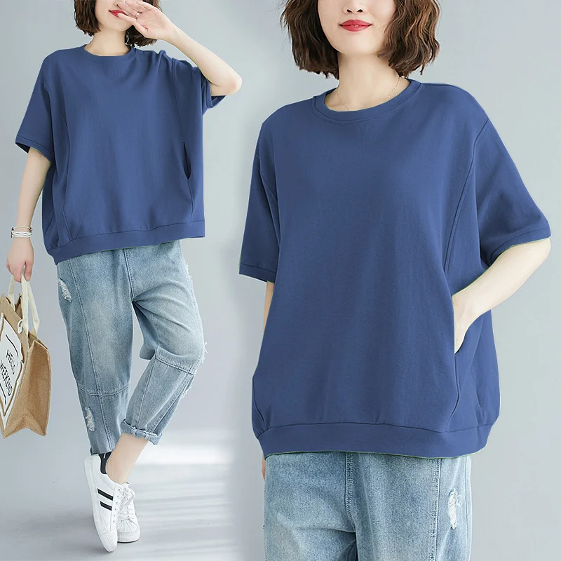 Uveng Uveng Size Add Fat Women's Clothing 200 Jin 2024 Summer Loose Large Size Cover Meat Show Thin Jacket Pure Color Round Collar Short Sleeve T-Shirt