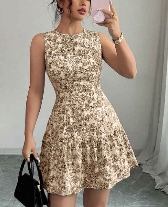 Nigikala Nigikala French Elegant Floral Print Sleeveless Bundle With Mini Dress