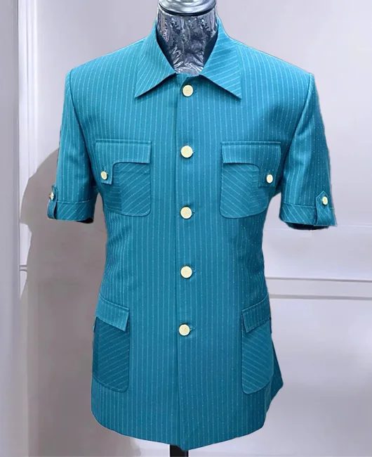 Lapel Collar Button Pocket Stripe Short Sleeve Shirt 