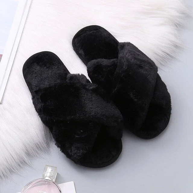 Women Fluffy House Slippers Cozy Faux Fur Cross Floor Indoor Slides Female Slip On Furry Flip Flops Warm Shoes Home Slippers