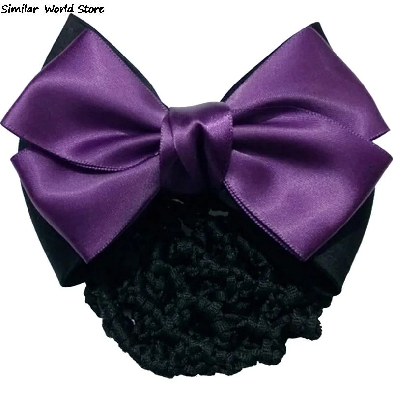 Satin Bow Rhinestone Barrette Lady Hair Clip Cover Bowknot Net Bun Snood