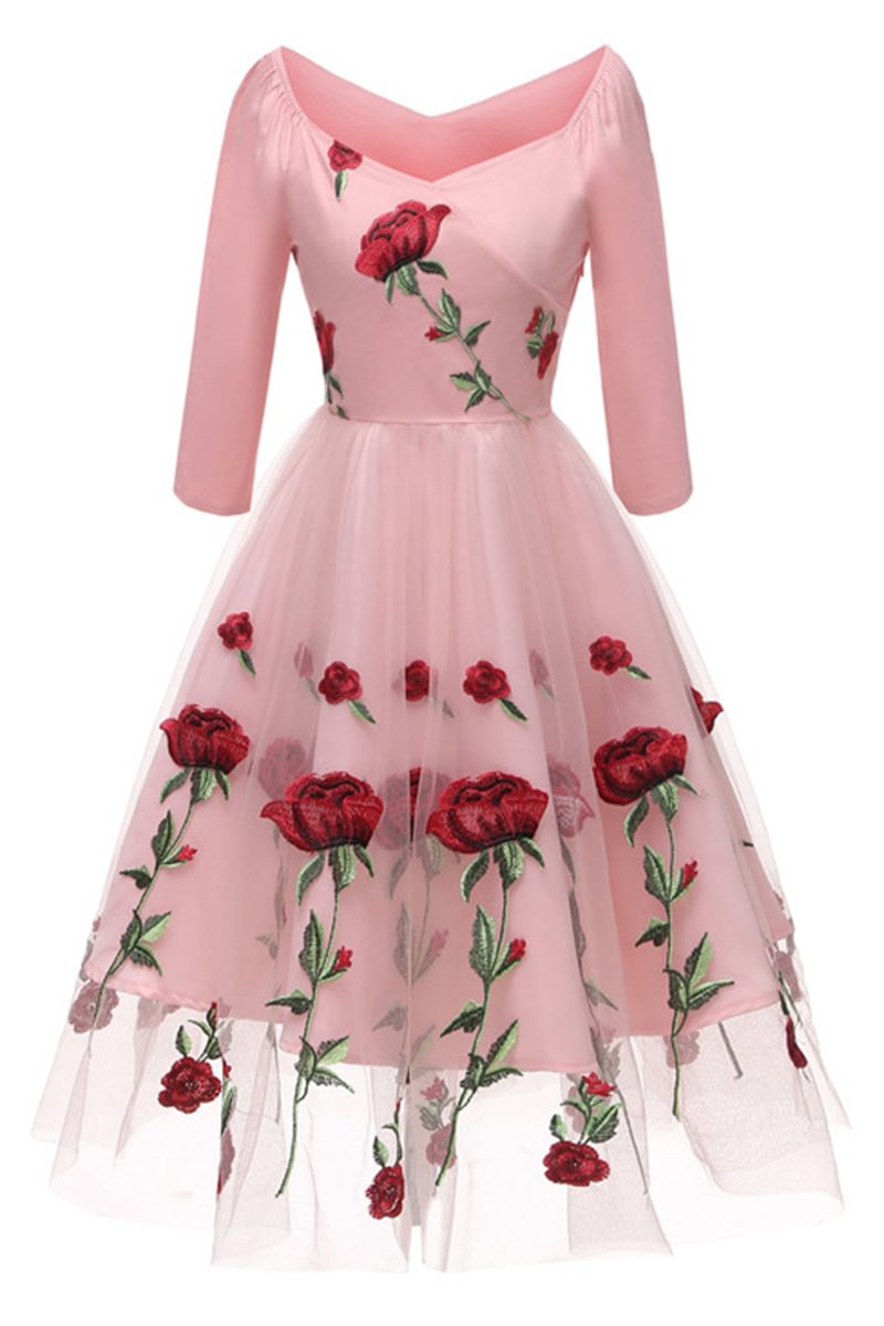 Plus Size 1950s Pink Party Lace Tulle Embroidery Roses Bell Midi Dress