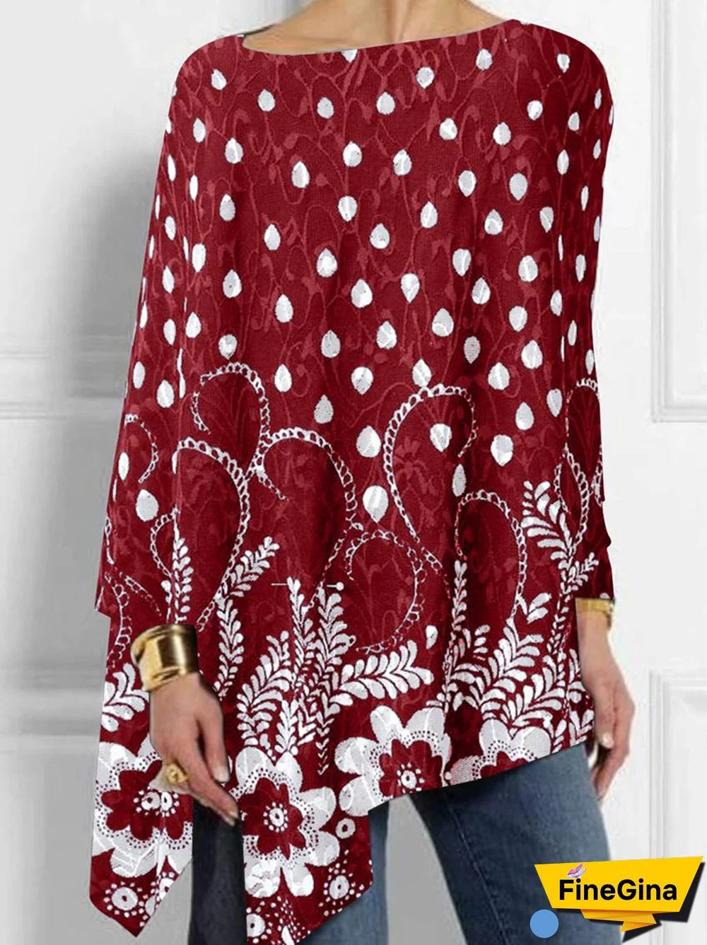 Women Plus Size Long Sleeve Scoop Neck Flower Water Drop Print Irregular Hem Top