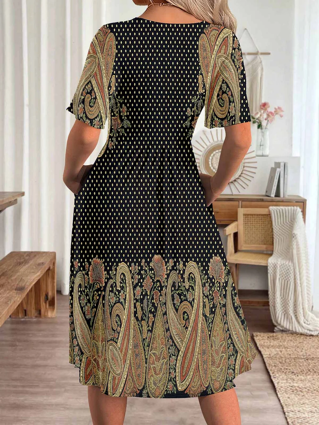 Women Graphic,Brown DZHA8167 Short Sleeve Scoop Neck Graphic Printed Hollow Midi Dress