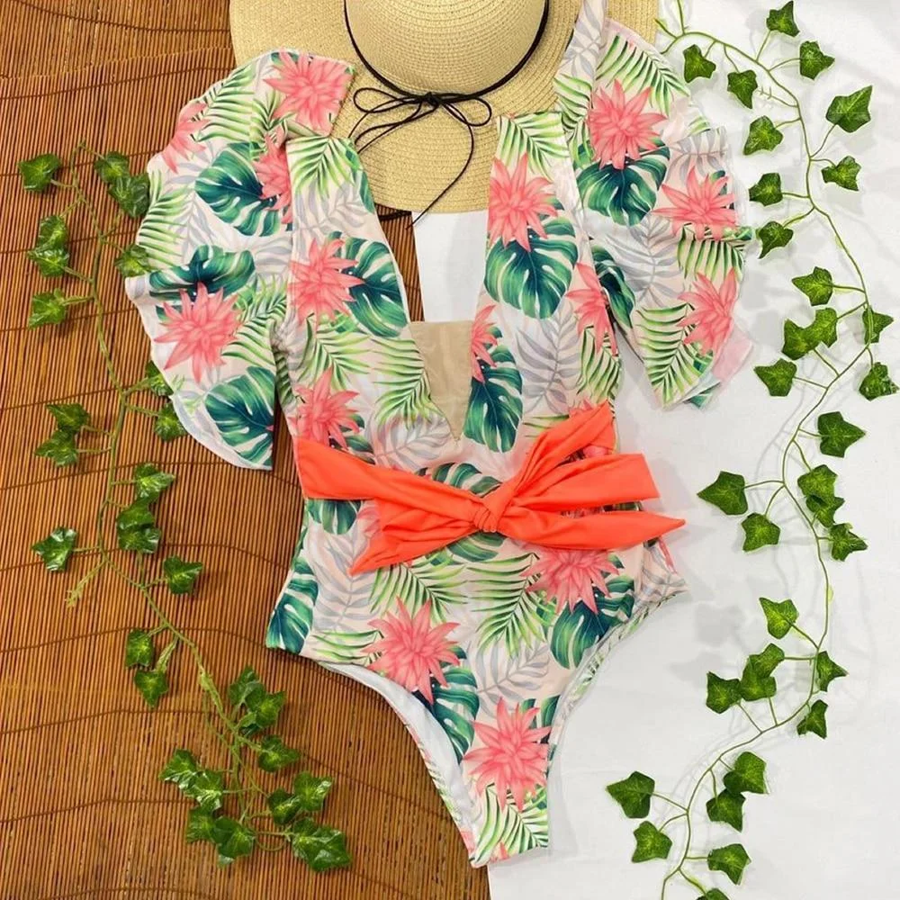 ABEBEY 2023 New  Print Floral Bandage One Piece Swimwear Swimsuit Women Ruffle Summer Beach Wear Strappy Bathing Suit Monokini