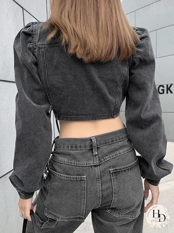 Coats Long Sleeve Lapel Short Cropped Denim Single-Breasted Coat for Women