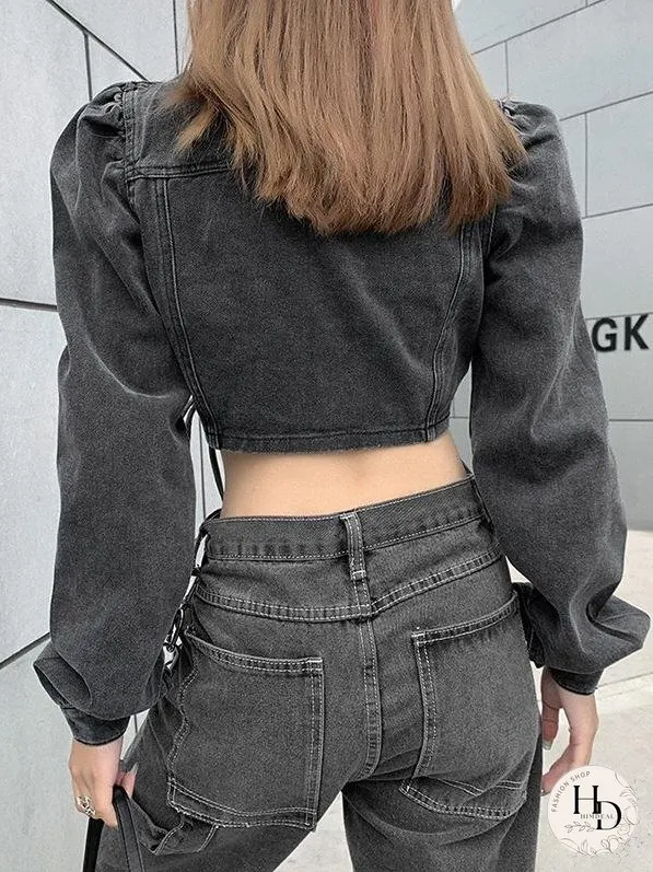 Coats Long Sleeve Lapel Short Cropped Denim Single-Breasted Coat for Women