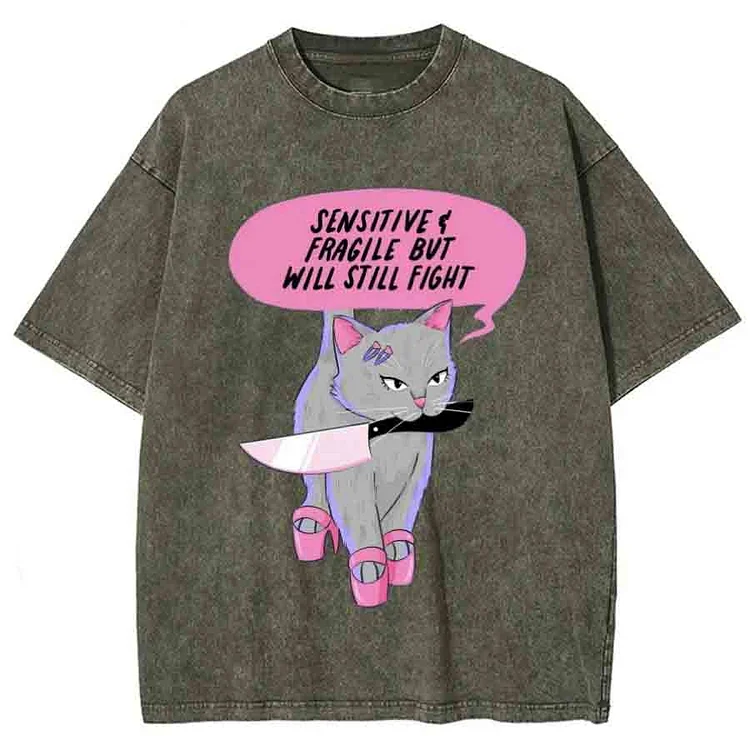 Sensitive Cat Unisex Printed Retro Washed Short Sleeved T-Shirt