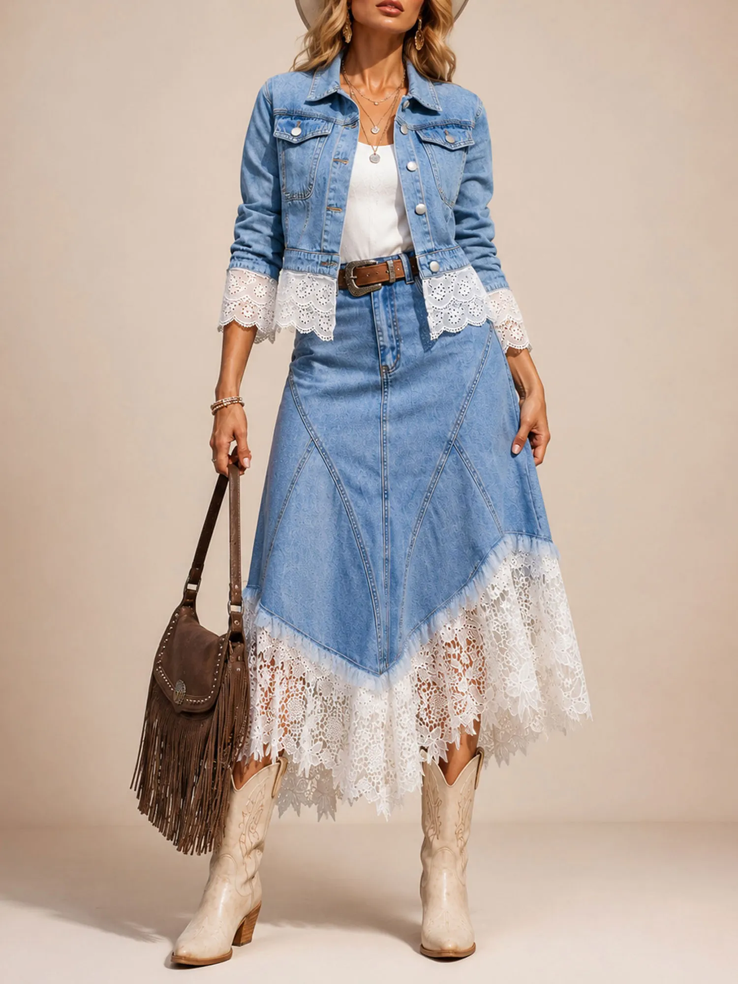 Perfect for a Western-Themed Party &mdash; 2026 Spring/Autumn Women's Blue Vintage Washed Lace-Trimmed Denim Set