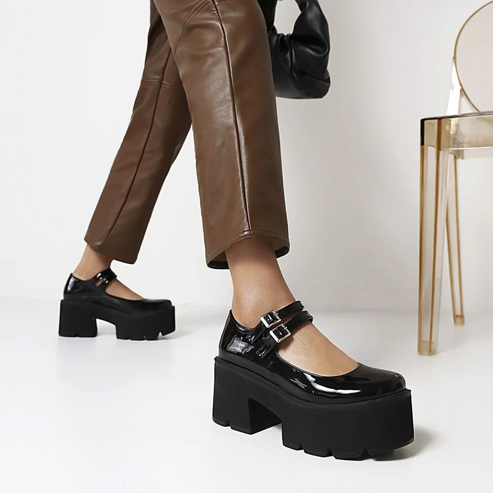 Back to College Round Toe Heart Print Ankle Strap Chunky Goth Platform Women Shoes Trendy Punk Marry Janes Pumps Square Heels Street Style