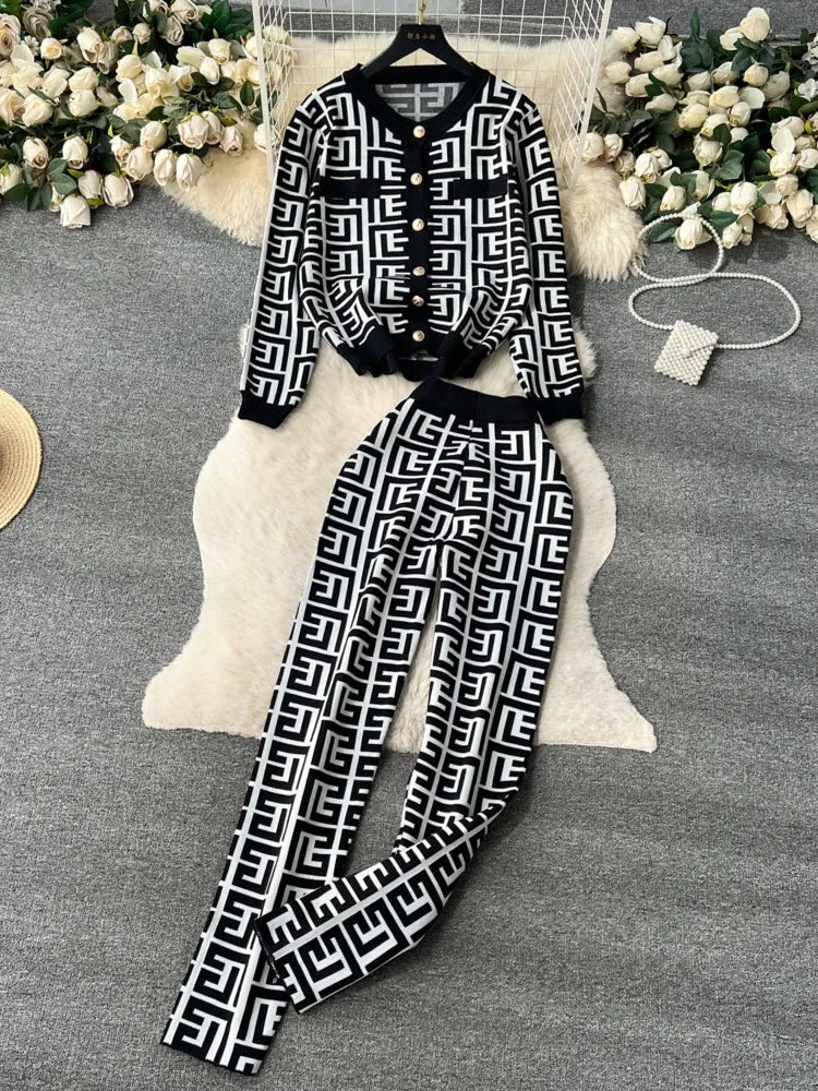 Huiketi Fragrant Autumn Printed Knitted Set For Women's Loose Round Neck Cardigan Sweater + High Waist Tight Pants Two Piece Sets